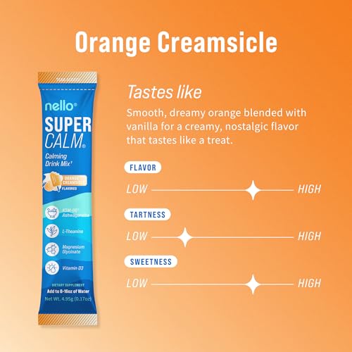 Image of Nello Supercalm Powdered Drink Mix, Cortisol Reducer* and Sleep Aid Supplement, L Theanine, Ksm-66 Ashwagandha, Magnesium Glycinate, Vitamin D 3, No Sugar, Non GMO, On The Go, 20 Ct, Orange Creamsicle