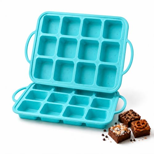 Vinino Silicone Brownie Pan with Dividers, 2-Pack Metal Frame, Aqua Blue 12 Individual Cavities, Metal Reinforced Frame, Nonstick Silicone, Easy Release, Dishwasher Safe