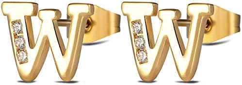 W Alphabet Stud Earrings for Sensitive Ears 14K Gold Plated Initial Letter Earrings for Little Girls Women Men Boy Hypoallergenic Monogram Jewelry Gift
