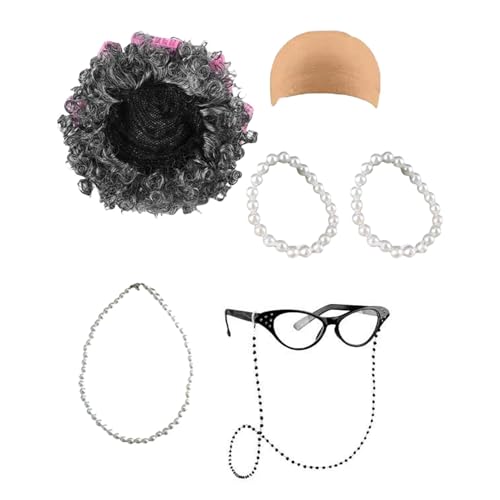 Photo de Lefgs vieilless perruques pour femmes sont leds costumes de vieille dame pour sch ule et dédouanement, incluant la perruque, lunettes, lhes perls et les accessoires pour l'école de 100 jours, Mme Clau