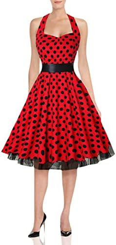 oten Women's Vintage Polka Dot Halter Dress 1950s Floral Sping Retro Rockabilly Cocktail Swing Tea Dresses