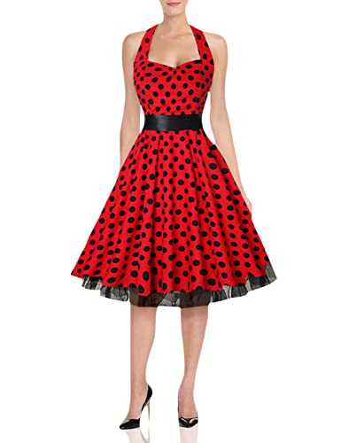 Oten Women's Vintage Polka Dot Halter Dress 1950S Floral Sping Retro Rockabilly Cocktail Swing Tea Dresses #TOP14