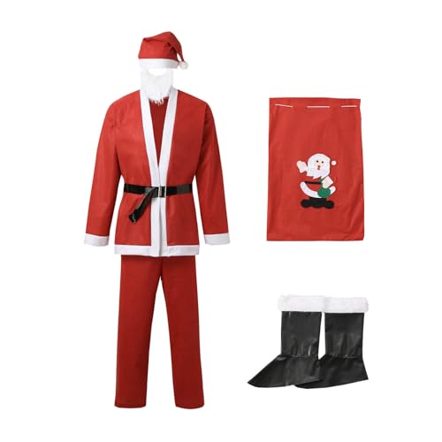 HELLORSOON Costume De NoëL Homme, DéGuisement De PèRe NoëL avec Capuche Saint Nicolas Costume Ensemble FêTe Cosplay Chapeau avec Perruque Barbe Gants Ceinture Pantalon Bottes.
