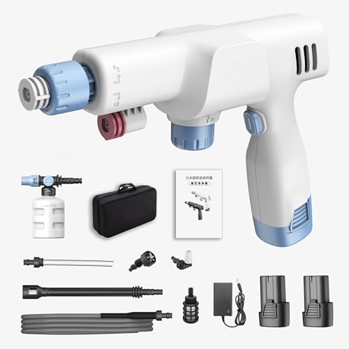 LuckTech 高圧洗浄機 充電式 コードレス 二つバッテリ付き ポータブル 3.5MPa ペットボトル/フォームノズル対応 自吸式6in1多機能ノズル 小型 軽量 0.9kg 持ち運びらくらく バッテリー式 収納ボックス付き 洗車/庭/階段/ベランダ掃