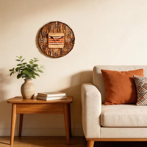 Image of AAKRITI ART CREATIONS Wall Clock Handcrafted Wooden Log Dial Natural Brown | Wall Clock for Home, Home Decoration | Warli Art Wall Hanging, Lightweight Mango Wood wall Decor | Matte Finish Wooden