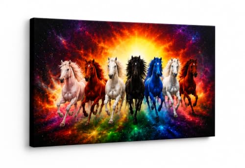 Image of 7 Horse Vastu Sunrise Canvas Painting | Positive Energy Wall Decor | Big Size Premium Running Horses Artwork for Home, Office & Hall Decoration (Modern, Galaxy Horse, 26x18 Inch)