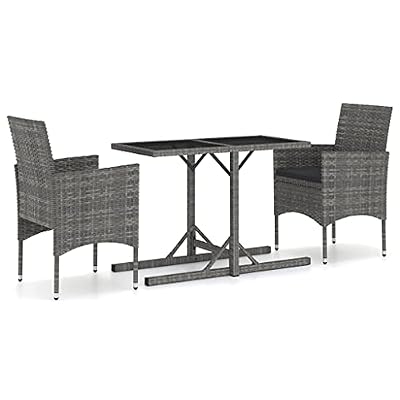 GHVBNMF 3 Piece Patio Dining Set, Grey Poly Rattan Outdoor Furniture with Rectangular Table and 2 Chairs, Wicker Bistro Set with Soft Cushions for Small Spaces and Balcony