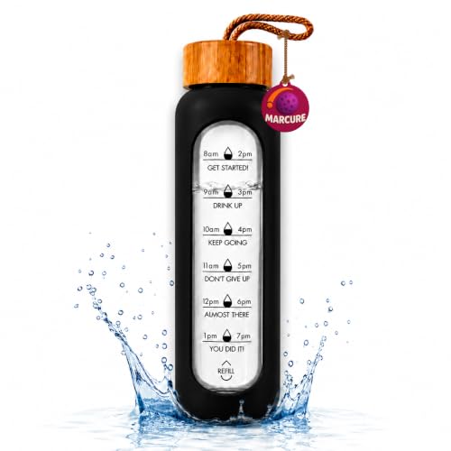 Image of Borosilicate Glass Water Bottle with Silicone Sleeve | Natural Bamboo lid | perfect for Home, Fridge, Office, Gym, Travel | BPA Free | Black