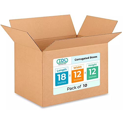 Medium Shipping &amp; Moving Boxes 18x12x12 inches (10-Pack) - Extra Strength 200 lb vs Regular - Corrugated Moving Box, Made in USA - Strong Cardboard Packing Box - Heavy Duty Box by IDL Packaging