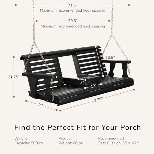 Image of Porchgate Amish Heavy Duty Console Porch Swing with Fold Down Cup Holders in Semi Solid Black Stain - Amish Made in The USA from Treated Pine, Hanging Chains Included