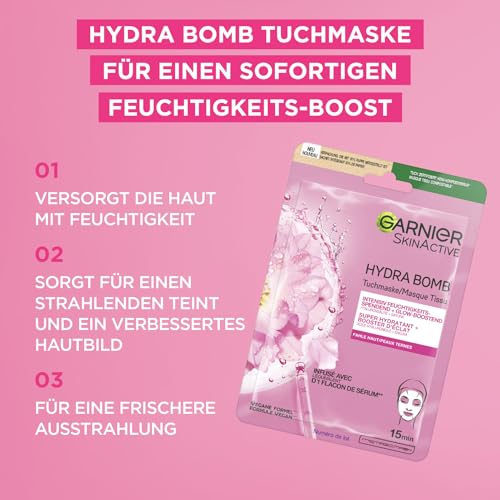 Garnier Tuchmaskenset Sakura fürs Gesicht bei fahler Haut, Feuchtigkeit und Glow, Mit Hyaluronsäure und Sakura, SkinActive, Hydra Bomb Sakura, 5x 28g 4