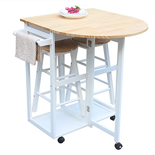 Henf 3pcs Dining Table Set, Rolling Kitchen Island with 2 Stools, Wood Drop Leaf Dining Room Breakfast Cart Table Chair Sets, Space Saving Small Foldable Kitchen Table On Wheels with 2 Drawers,White