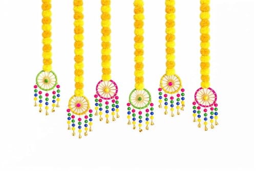 BYANJI HANDICRAFTS Festive Marigold Toran Hanging with Multi-Color Beads and Golden Bells, Traditional Indian Door Decoration for Home, Wedding, Diwali