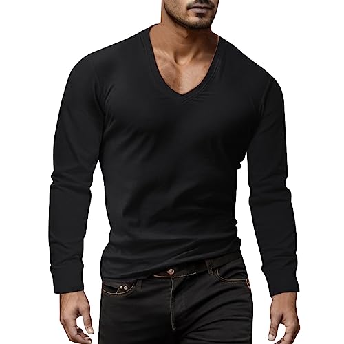 Tee Shirt Homme Sport, T Shirt Manche Longue Homme Col en V Décontracté Couleur Unie Classiques...