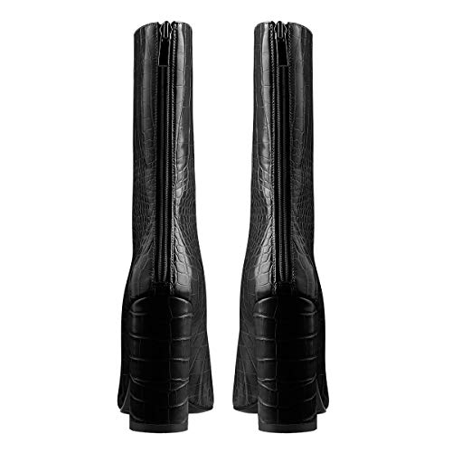 LISHAN Women's Snakeskin Chunky 4in Heel Crocodile Pull On Mid Calf Boots4