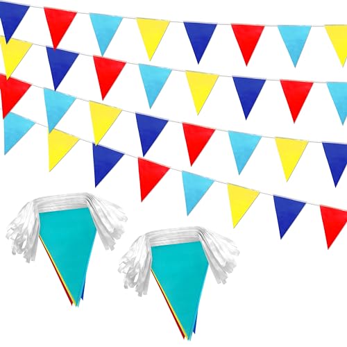 LoveVC - Banderines triangulares de 100 pies, color rojo, azul, amarillo, banderines para carnaval, circo, payaso, niños, cumpleaños, baby shower, boda, al aire última intervensión, jardín, decoración