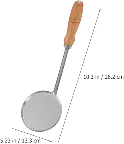 Miniatura 3 de Cuchara redonda plana para freír molde redondo de acero inoxidable con mango de madera y roseta, tamaño L