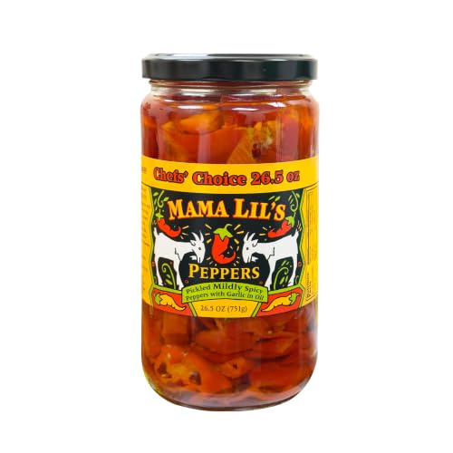 Mama Lil's Original Mild Peppers with Garlic in Oil, 26.5 oz | Pickled Mildly Spicy Peppers | Perfect for Sandwiches, Pizza, Salads & Charcuterie