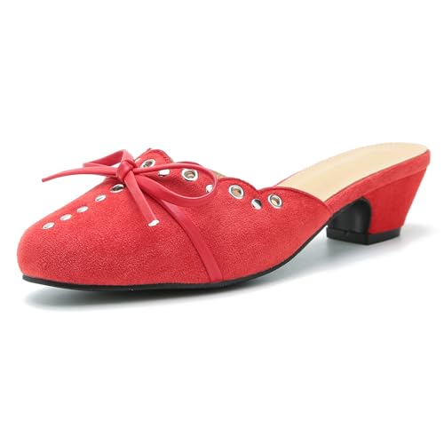 Heiyom Women's Bow Low Block Chunky Heels Mules Pointed Toe Backless Slip on Slippers Sandals Comfortable Dress Work Pumps