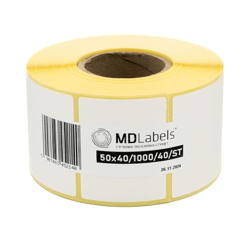 MD Labels Etiquetas térmicas blancas en rollo 50x40 mm 1000 piezas, de adhesivo permanente, para código de barras, etiquetas adhesivas blancas para escribir
