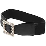 Housoutil Cinturón Ajustable Negro Hebilla Cuadrada y Perlas, Faja Elástica para Mujer Adecuado para Atuendos Casuales y Elegantes