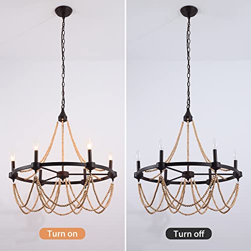 Cocostar 28" Natural Wooden Bead Tassel Rust Iron Black Wagon Wheel Farmhouse Chandelier, 6-Light Retro French Country Candle Chandeliers For Living Room, Coastal Boho Hanging #TOP6
