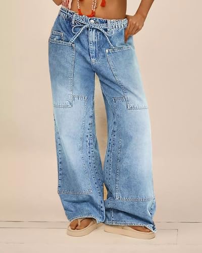 Women Wide Leg Jeans Elastic Mid Waist Belt Baggy Jeans Loose Casual Boyfriend Y2K Denim Pants with Pockets4