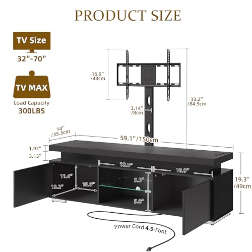 DWVO TV Stands for Living Room, Modern TV Stand for 70/65 inch TV with Mount & Power Outlet, LED Black Entertainment Center with Storage, Gaming Media Stand, Black