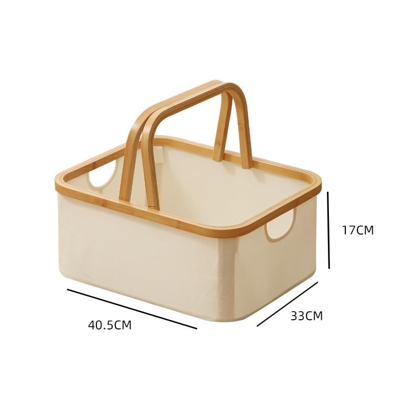 Caja de almacenamiento plegable con mango de bambú, tela Oxford (beige, 40,5 x 33 x 17 cm)
