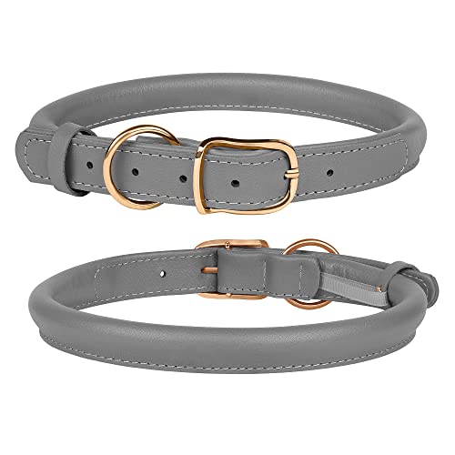 Murom Rolled Leather Dog Collar Durable Round Rope Pet Collars For Small Medium Large Dogs Puppy Pink Purple Green Red Brown Gray (11"-15" Neck Fit, Gray) #TOP6
