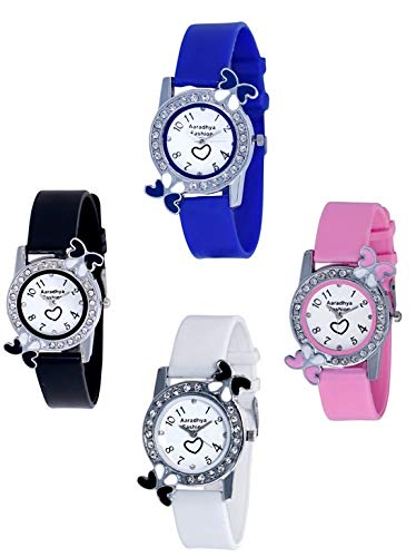 Aaradhya Fashion Gift Watch Premium Quality Butterfly Pink & Black & White & Blue 4 Watches Combo for Girls & Women
