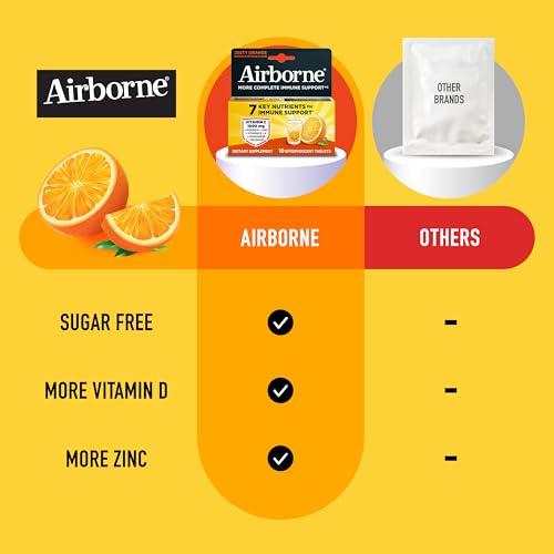 Image of Airborne Immune Support Effervescent Tablets, Zesty Orange Flavor - 10ct with 1000mg Vitamin C + Vitamins A, D, E, Zinc, Selenium, Manganese & Herbal Blend - Sugar‑Free, Gluten‑Free