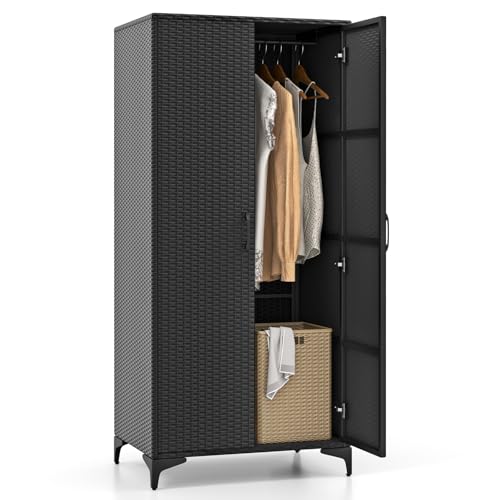 GOPLUS Armario Ropero de Mimbre Con 4 Cubos de Almacenamiento, Barra Para Colgar, 2 Puertas, Dispositivo Antivuelco, de Ratán PE Para Dormitorio Patio, 72x50x157cm (Negro)