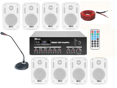 IMPIANTO AUDIO FILODIFFUSIONE+8 Altoparlanti Parete+Bluetooth+100Mt Cavo +Microfono (Con Casse Bianche)