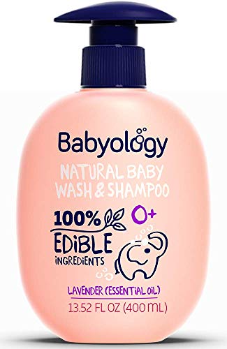 Babyology All Natural Baby Wash and Shampoo - 100% Edible Ingredients - with Organic Lavender Essential Oil (Fragrance Free) – 13,52 FL OZ - Good for Sensitive Skin - Non Toxic - Tear Free