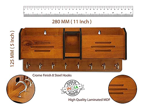 Image of CAPIO ART Wooden Key Holders for Home Wall Stylish | Wall Mounted Decorative, 8 Hooks, 2 Mobile & 1 Pen Holder Storage, Multipurpose, Brown