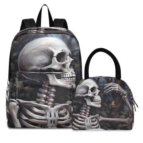 Backpack Lunch Bag Set Elegant Skeleton Print, Big Storage Travel Backpacks with Insulated Lunch Box for Office Hiking Picnic