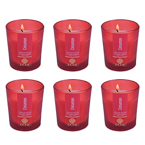 Image of EKAM Cinnamon Votive Soy Wax Scented Candle, 40 Grams, 10 Hours Burn Time| Long Lasting Premium Candles | Ideal for Home Decor | Gifting & Aromatherapy (Pack of 6)