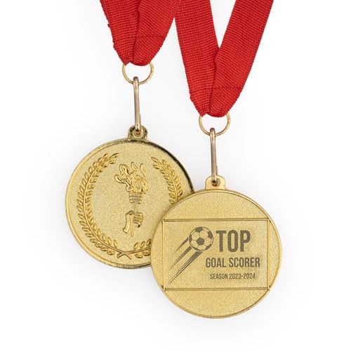 Wanapix | Medallas Personalizadas | Medallas Niños y Adulto | Medalla Metal Grabado | Medalla Fútbol | con Cinta Roja | Oro - 5ø cm | Fútbol