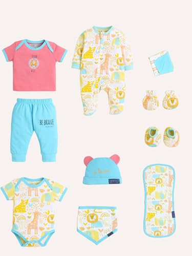 Image of POLKA TOTS Newborn Baby Products Gift Set | Pure Cotton Baby Clothing & Essentials Set | 10pc Unisex Kit for Newborn & Ideal Baby Shower Gifts for mom to be | New Born Baby Clothes 0-3 Months