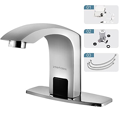 interhasa! Touchless Bathroom Faucet Chrome Automatic Bathroom Sink Faucet with Hole Cover Plate, Hands Free Bathroom Water Tap with Control Box (Faucet with Tempureture Mixer Set)