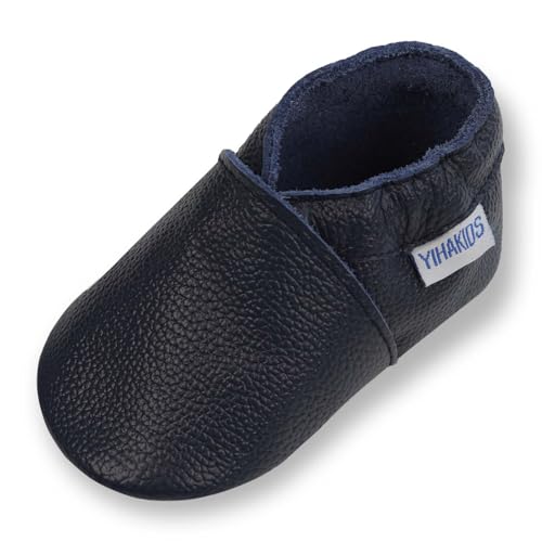 YIHAKIDS Chausson Cuir Bébé Chaussons Cuir Souple Bébé Fille Garçon Premiers Pas Mignon Chausson Bebe Antidérapante (Size M, Bleu Marine, 6-12 Mois,...