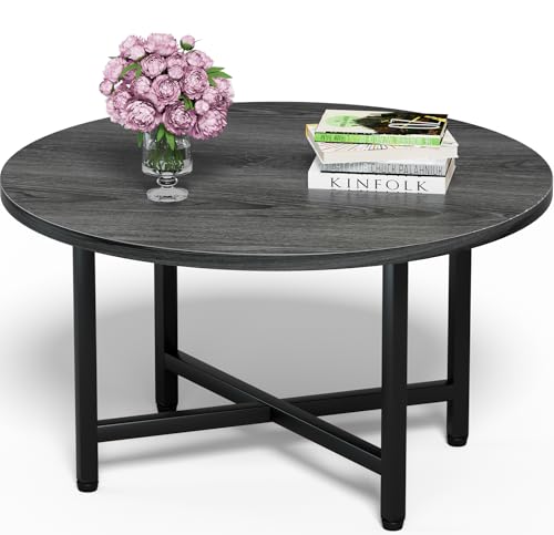 FAMIDGE Round Coffee Table, 23.6' Small Coffee Tables for Living Room, Circle Coffee Table with Metal Frame, Floor Table Desk for Sitting on The Floor, Home, Office, Grey