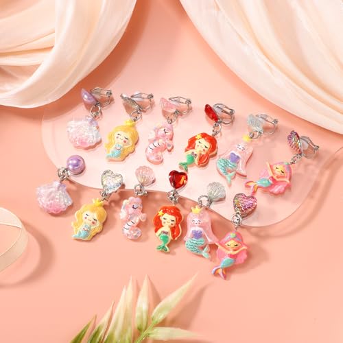 6 Pairs Colorful Clip On Drop Earrings, Resin Clip On Earrings Non-Pierced Princess for Dress Up Princess Jewelry3