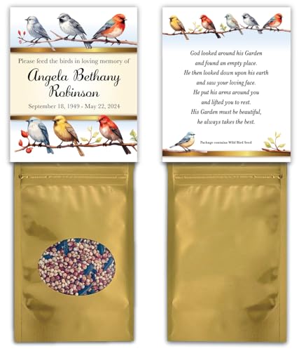Personalized Memorial Funeral Bird Seed Packets with Choice of Sympathy Poem, Tribute, Keepsake, Wild Bird Seed Favors, Remembrance, Celebration of Life, Backyard Birds - Qty 25
