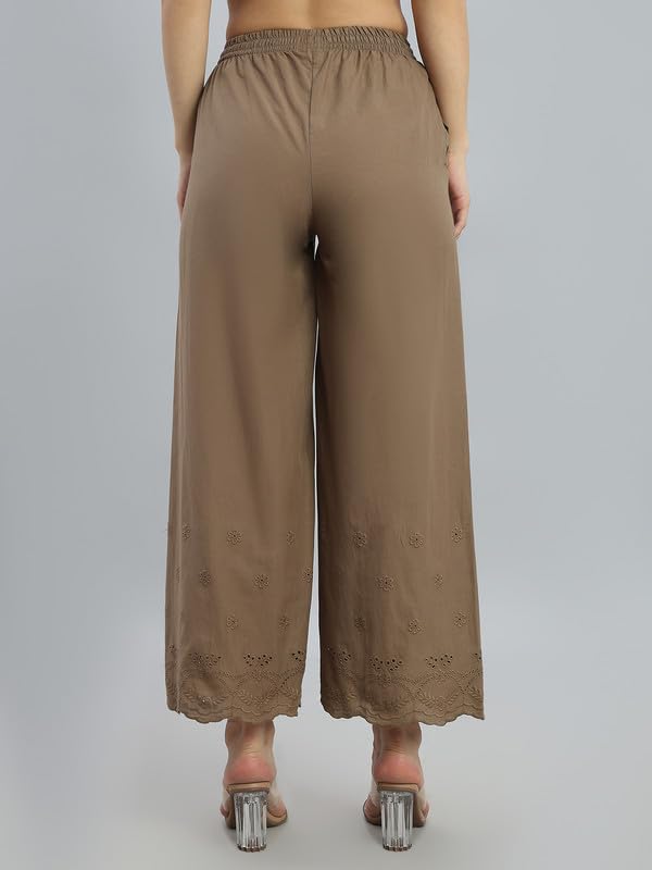 Image of GO COLORS Women Cotton Hakoba Wide Pant Ankle Length, Floral Embroidery, Relaxed Fit, Mid-Rise with Side Pocket