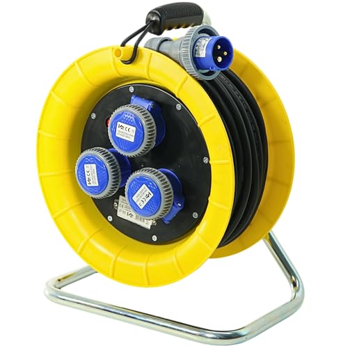 ELETTROWATT Prolunga Elettrica 30 m con Avvolgicavo Professionale, Spina CEE 16A IP67, 3 Prese Incasso CEE 220V IP67, Cavo Neoprene H07RN-F 3G2.5 stagno