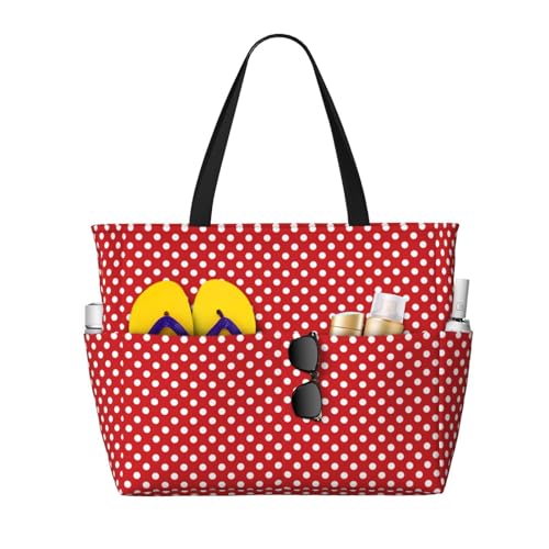 Large Beach Bags Water-resistant Sandproof - Red Polka Dot Cute Beach Tote Bags for Women with Zipper
