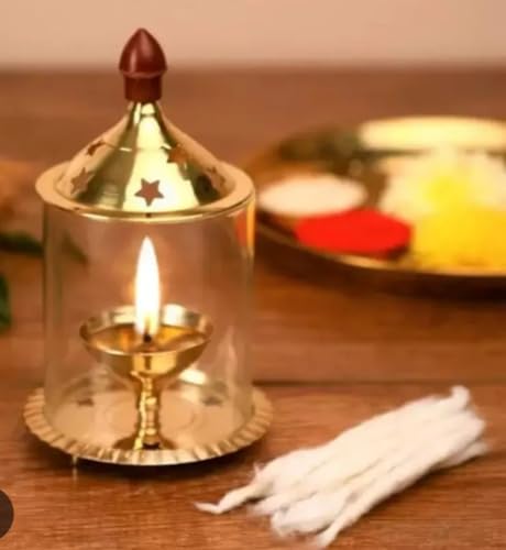 Image of Brass Akhand Diya with Glass Cover 5 Inch Pack of 2 | Golden Decorative Brass Oil Lamp & Tea Light Holder | Cylindrical Lantern for Durga Pooja, Navratri, Temple, Festive & Home Dcor