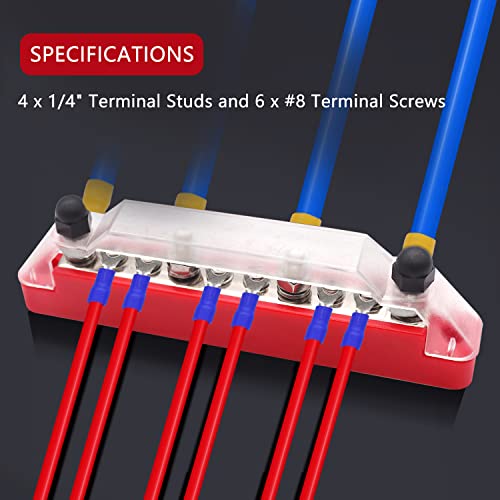 Aienxn Red Battery Bus Bar 4 X M6 Terminal Studs, 6 X M4 Terminal Screws, 12V Power Distribution Block With Ring Terminals For Car, Rv, Boat, Marine Q-O-038-10-B-R #TOP1